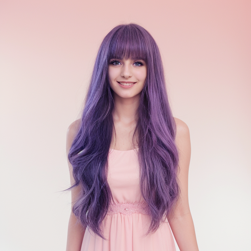 Purple Long Wave Wig with Bangs