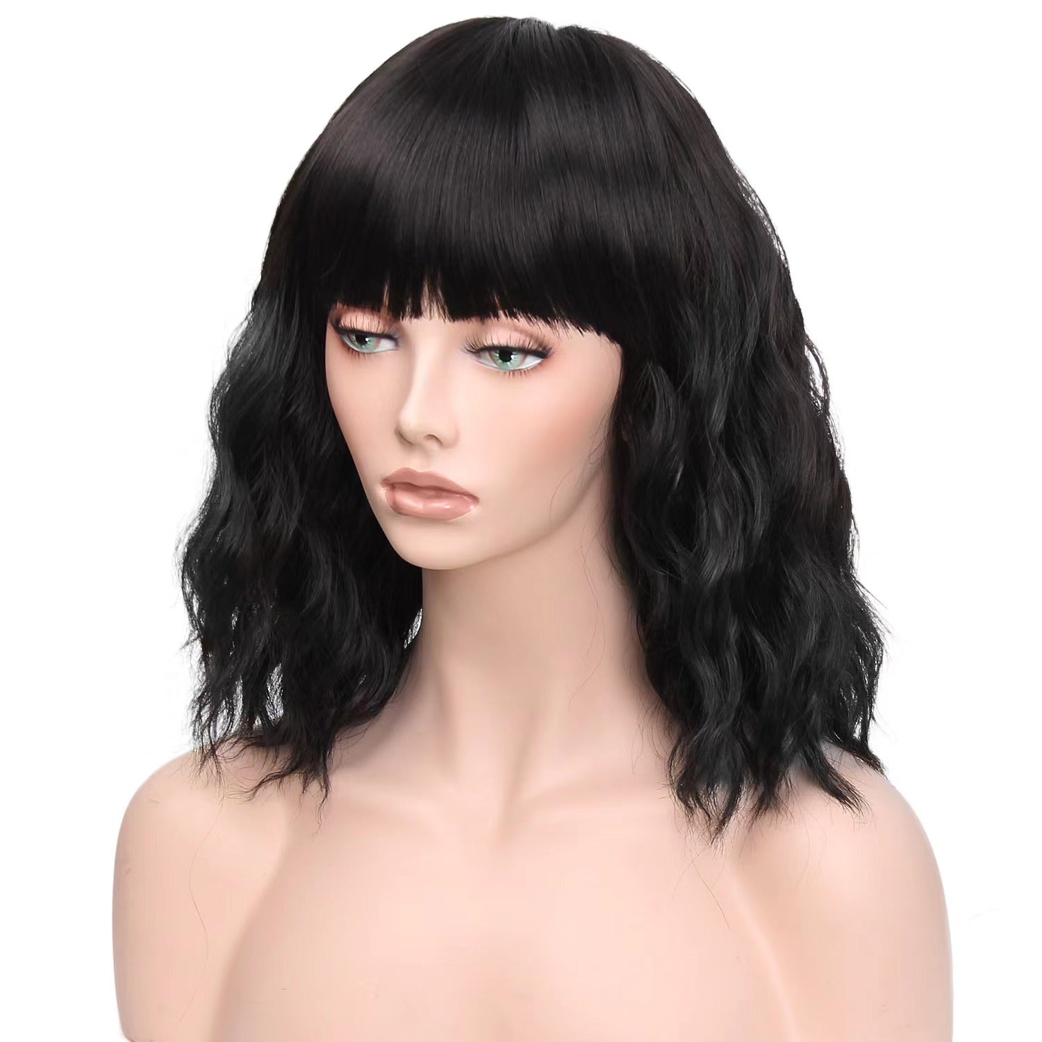 Black Short Wavy Wig with Bangs