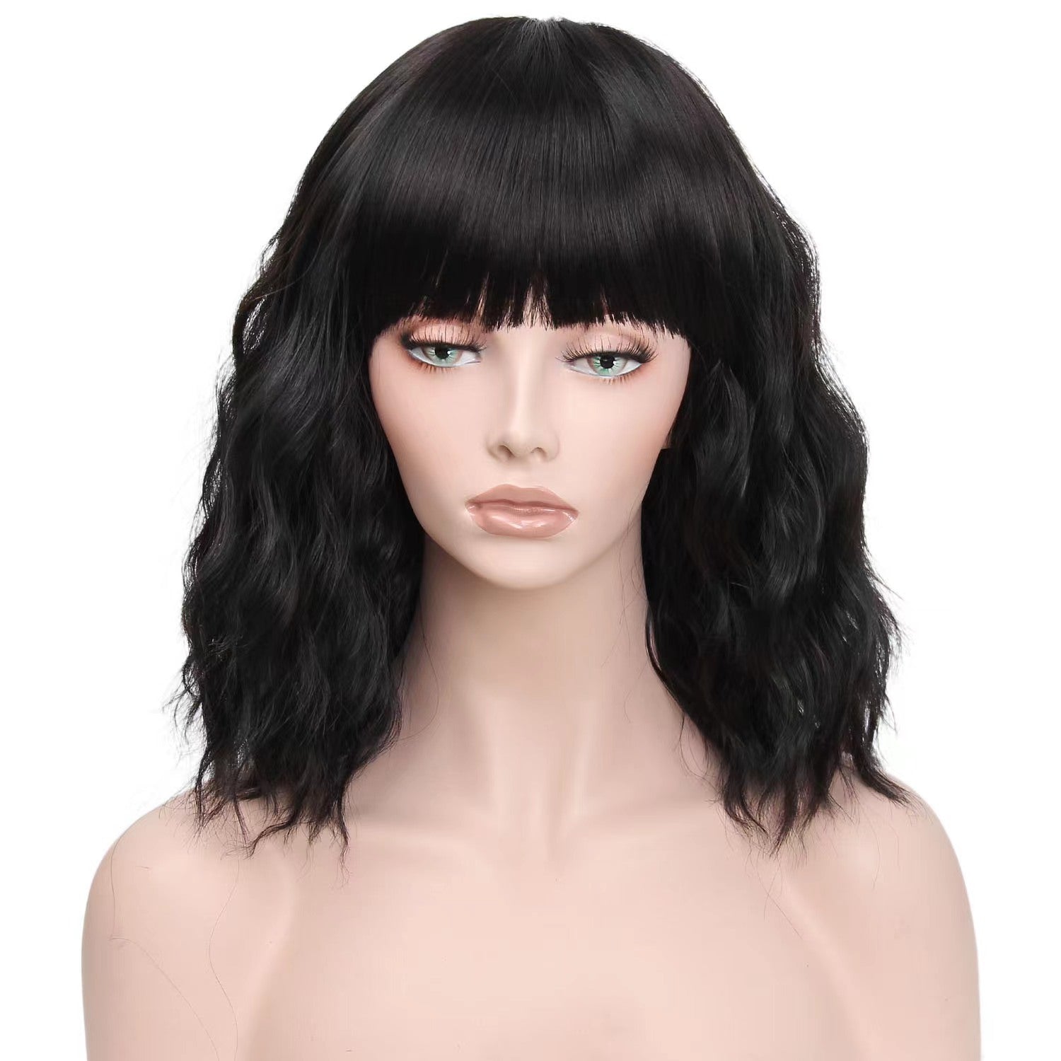 Black Short Wavy Wig with Bangs