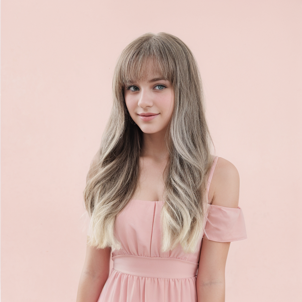 Sophia _ White Blonde Long Wavy Wig with Bangs