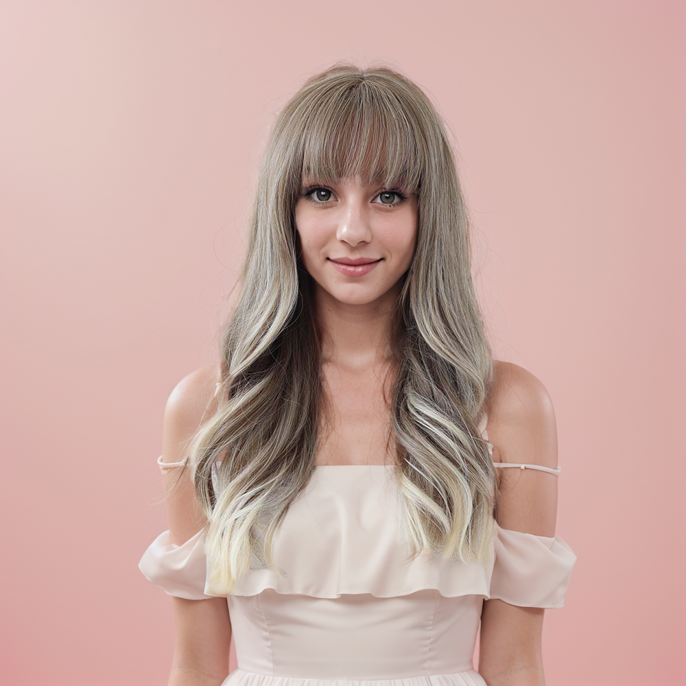 Sophia _ White Blonde Long Wavy Wig with Bangs