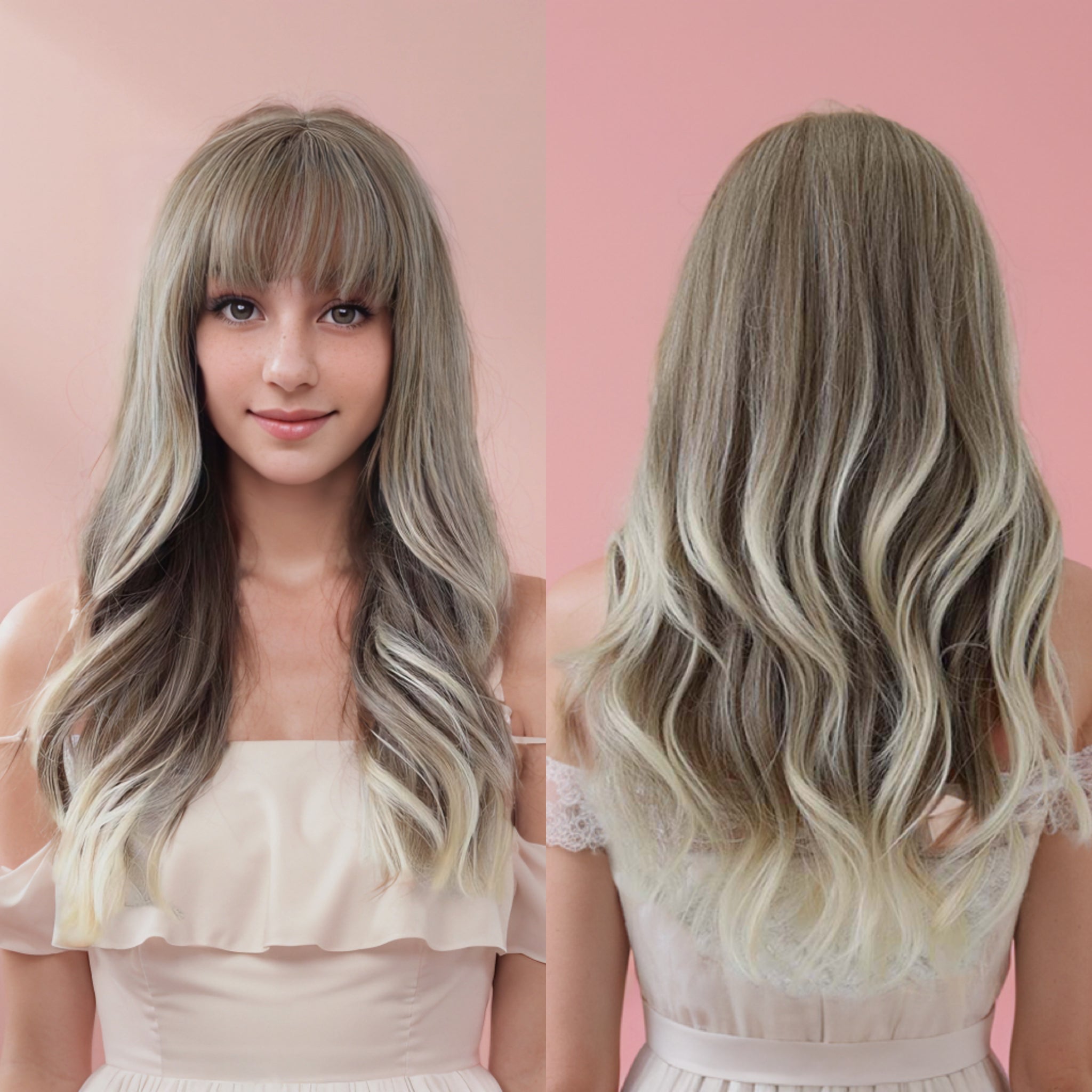 Sophia _ White Blonde Long Wavy Wig with Bangs