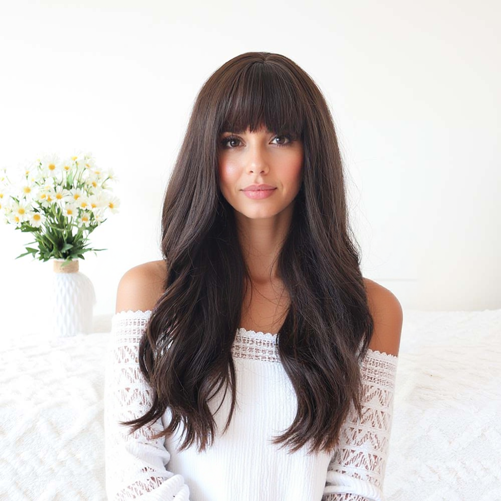 Dark Brown Long Wavy Wig with Bangs