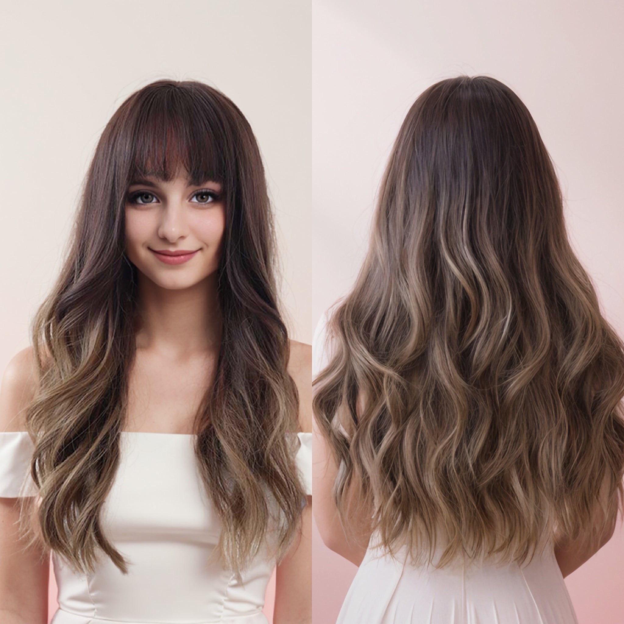 AVA_ Brown Long Wavy Wig with Bangs