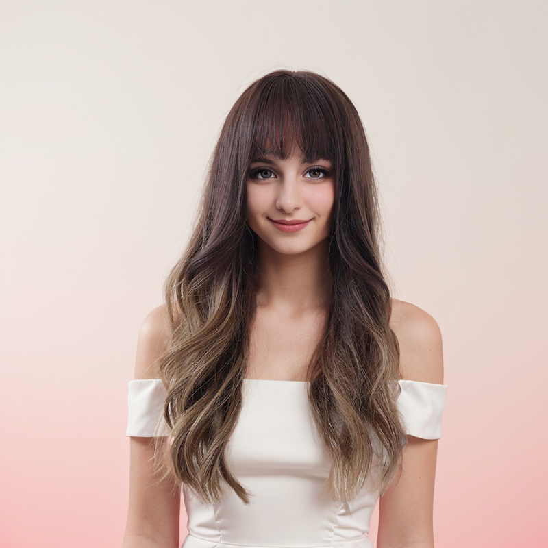 AVA_ Brown Long Wavy Wig with Bangs