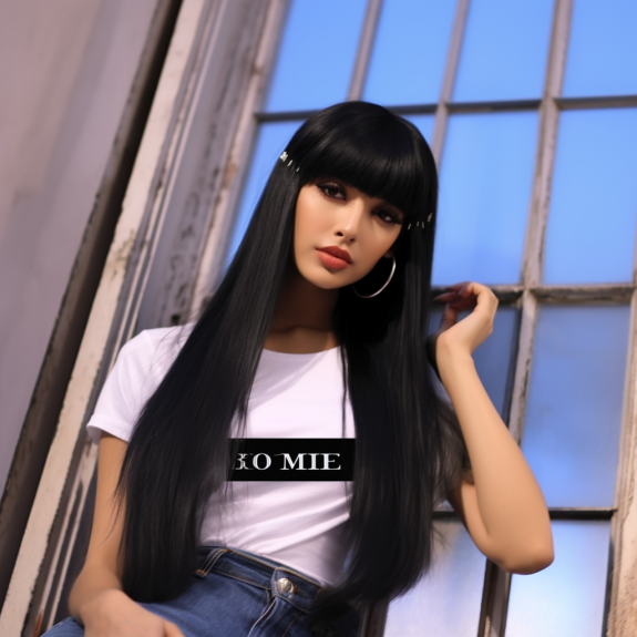 Black Long Straight Wig with Bangs