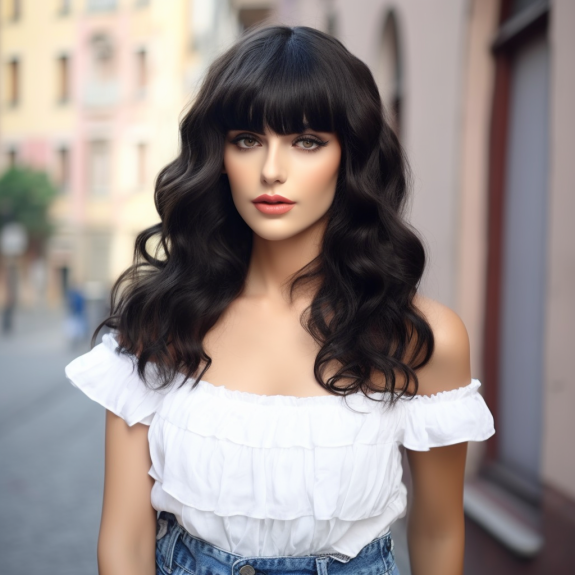 Black Short Wavy Wig with Bangs