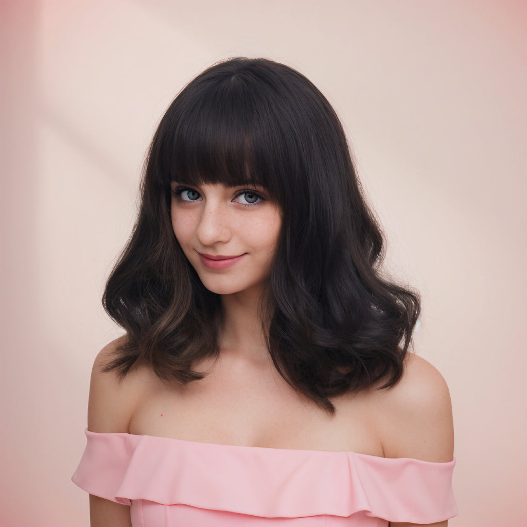 Black Short Wavy Wig with bangs