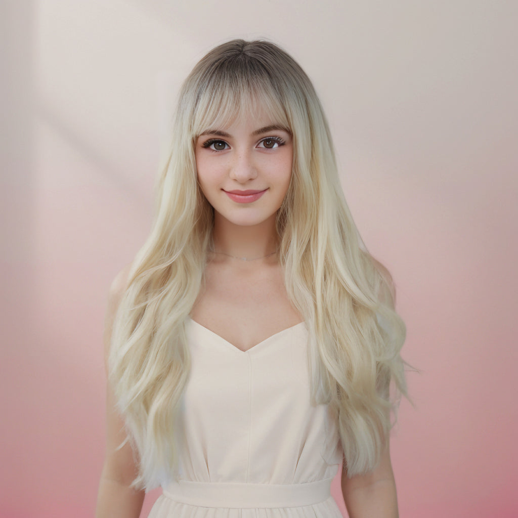 Lily White Blonde Wavy Long Wig with Bangs