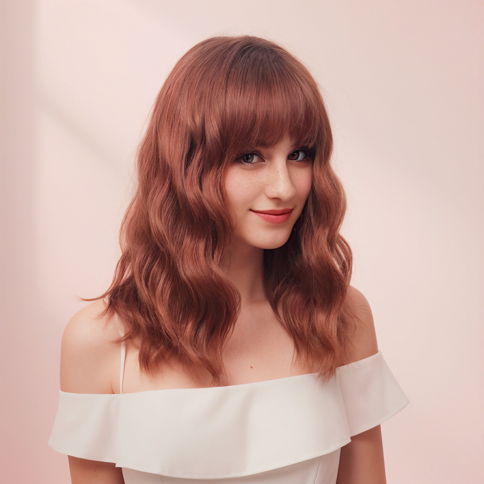 Kayla Red Brown Short Wavy Wig with Bangs