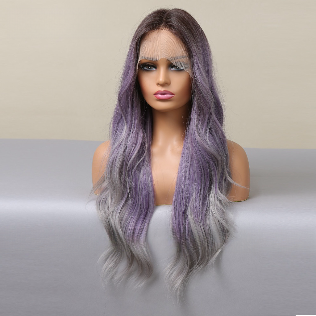 purple mixed grey highlights wave wig