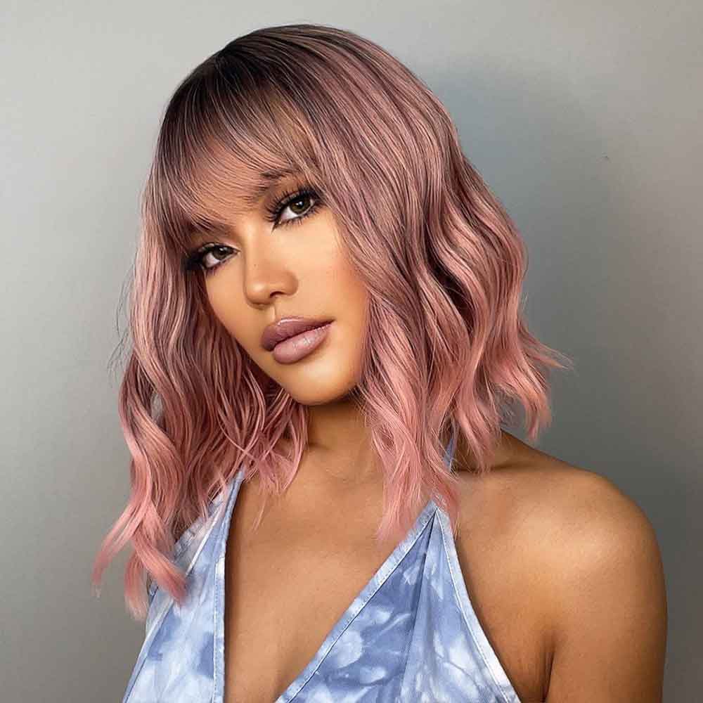 Pink Short Wavy Wig with Bangs