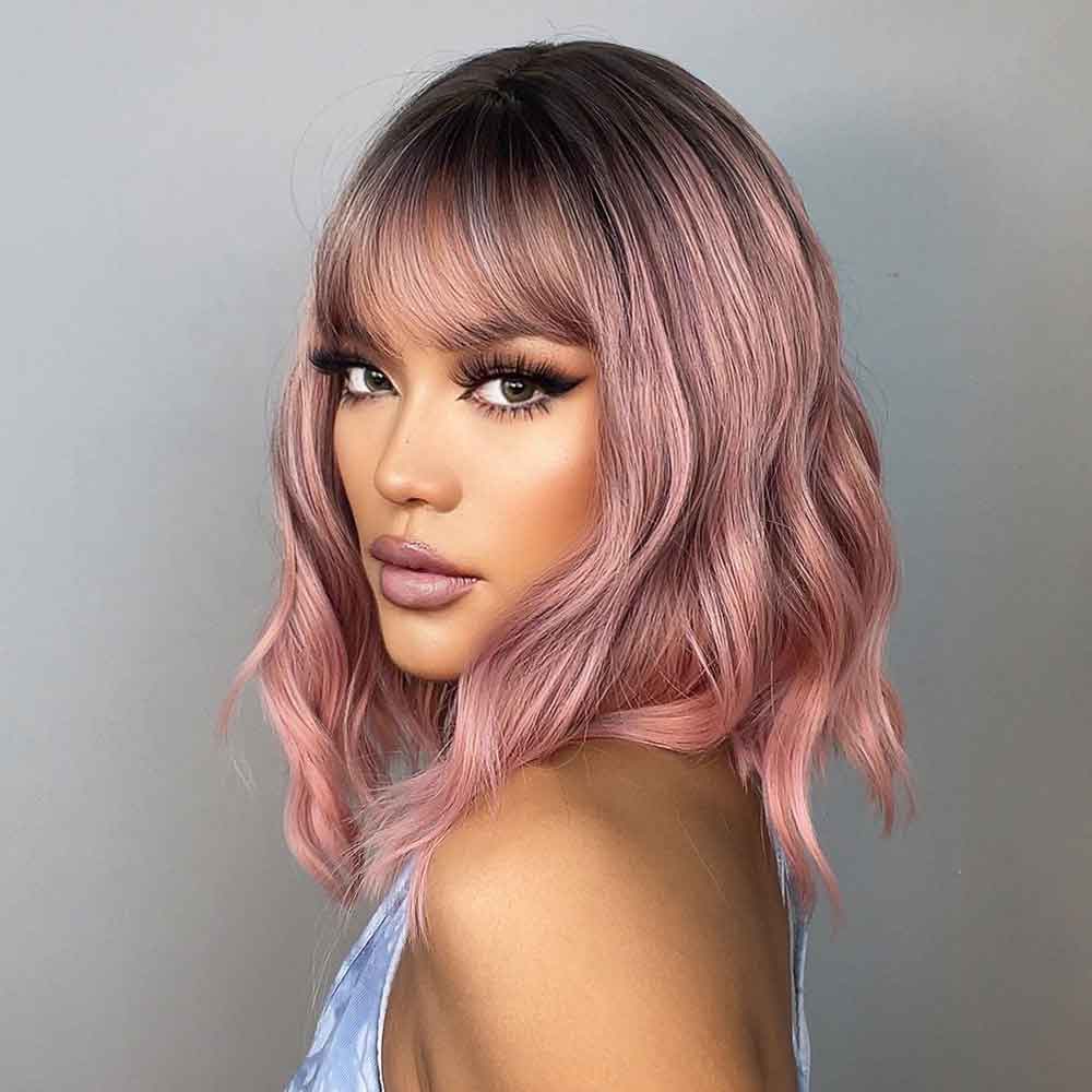 Pink Short Wavy Wig with Bangs