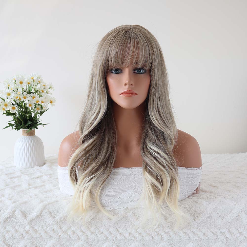 Sophia _ White Blonde Long Wavy Wig with Bangs