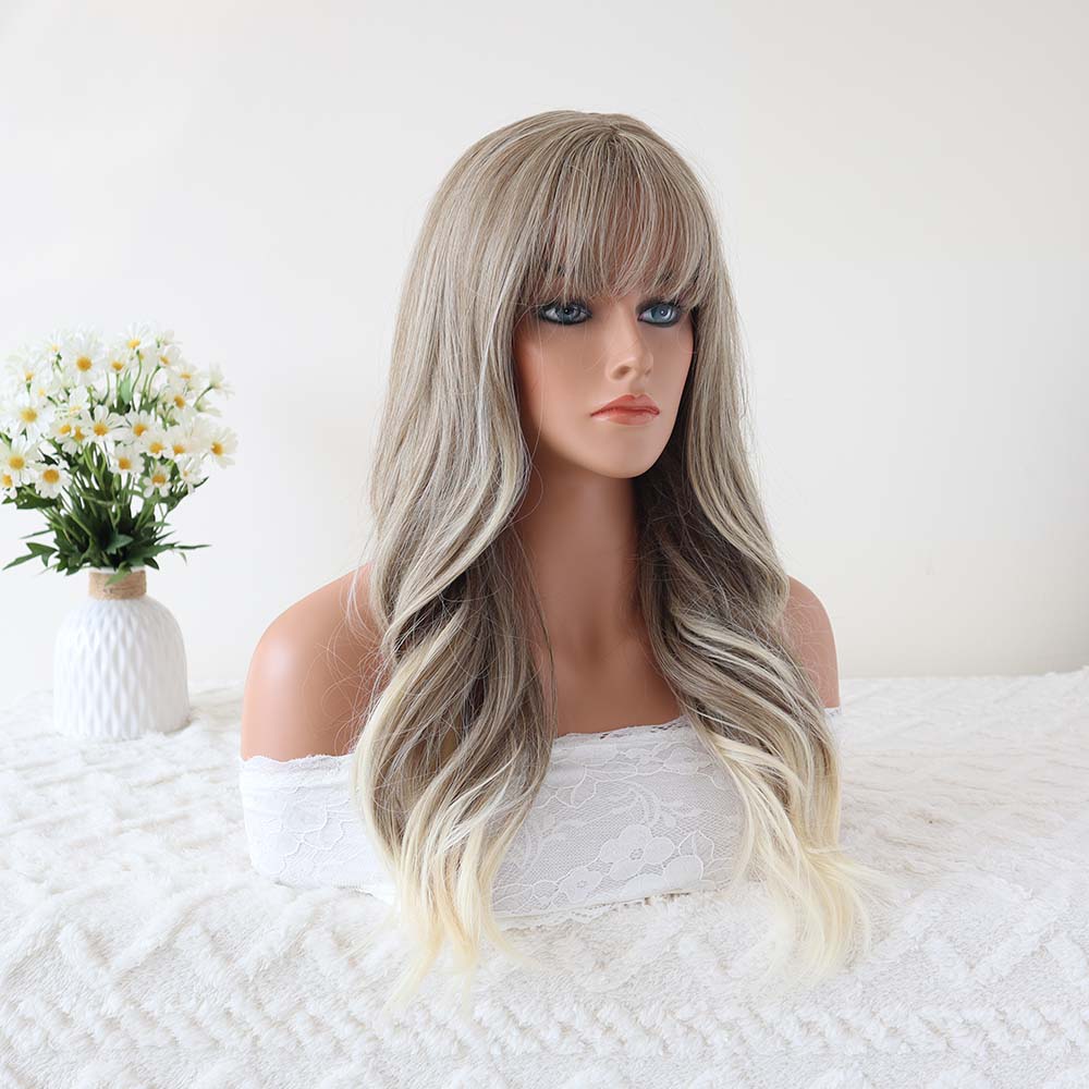 Sophia _ White Blonde Long Wavy Wig with Bangs