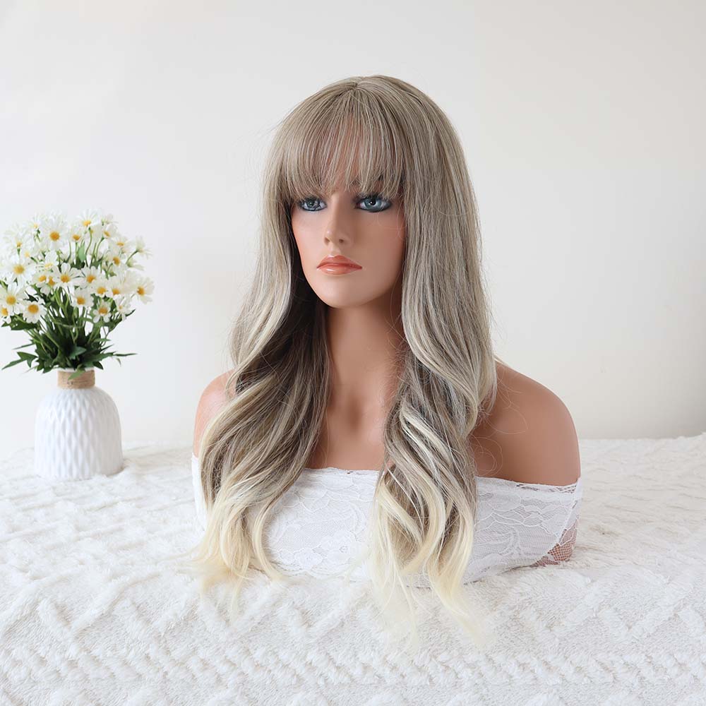 Sophia _ White Blonde Long Wavy Wig with Bangs