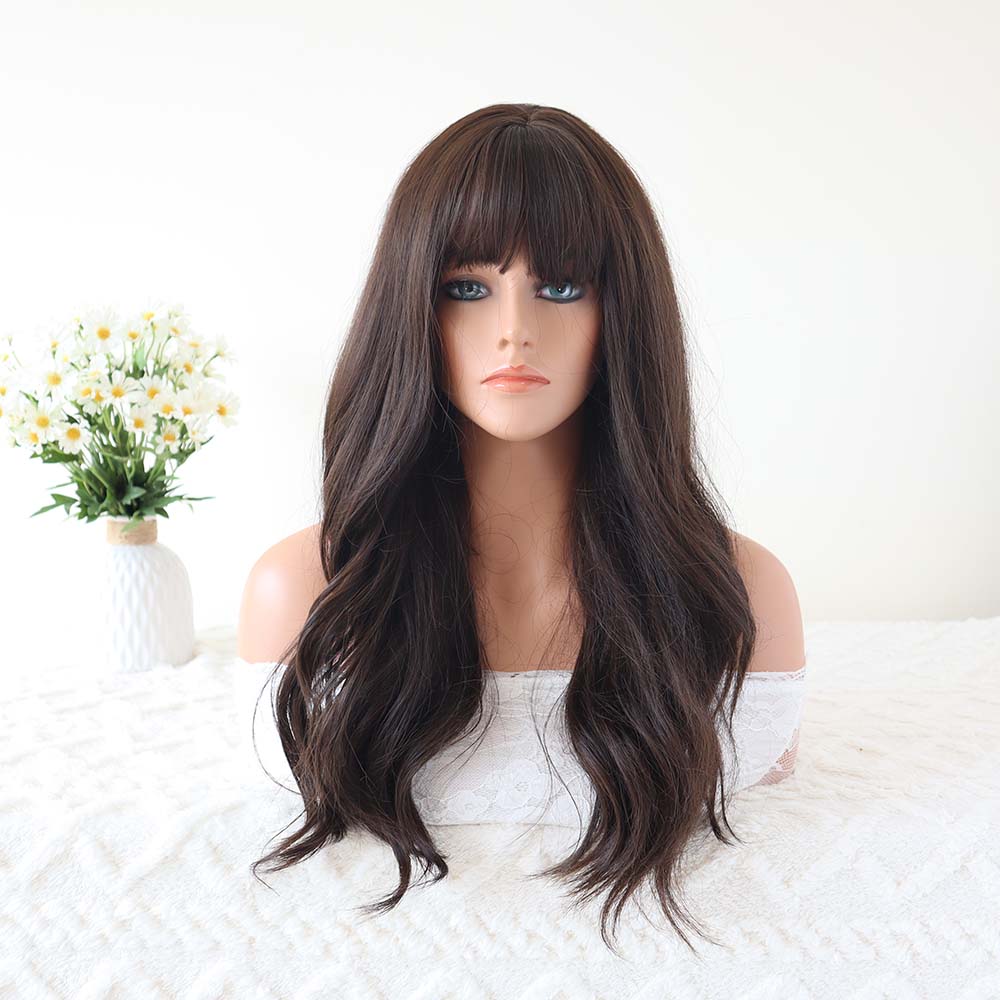 Dark Brown Long Wavy Wig with Bangs