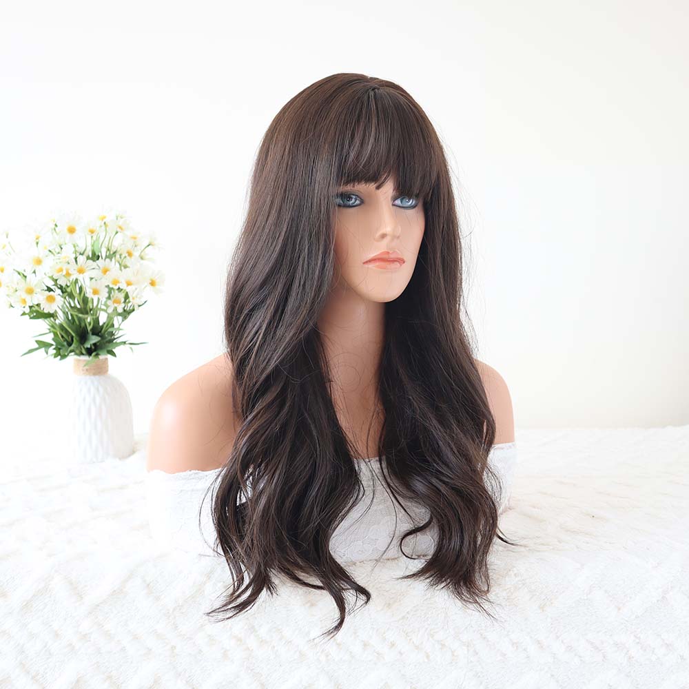 Dark Brown Long Wavy Wig with Bangs