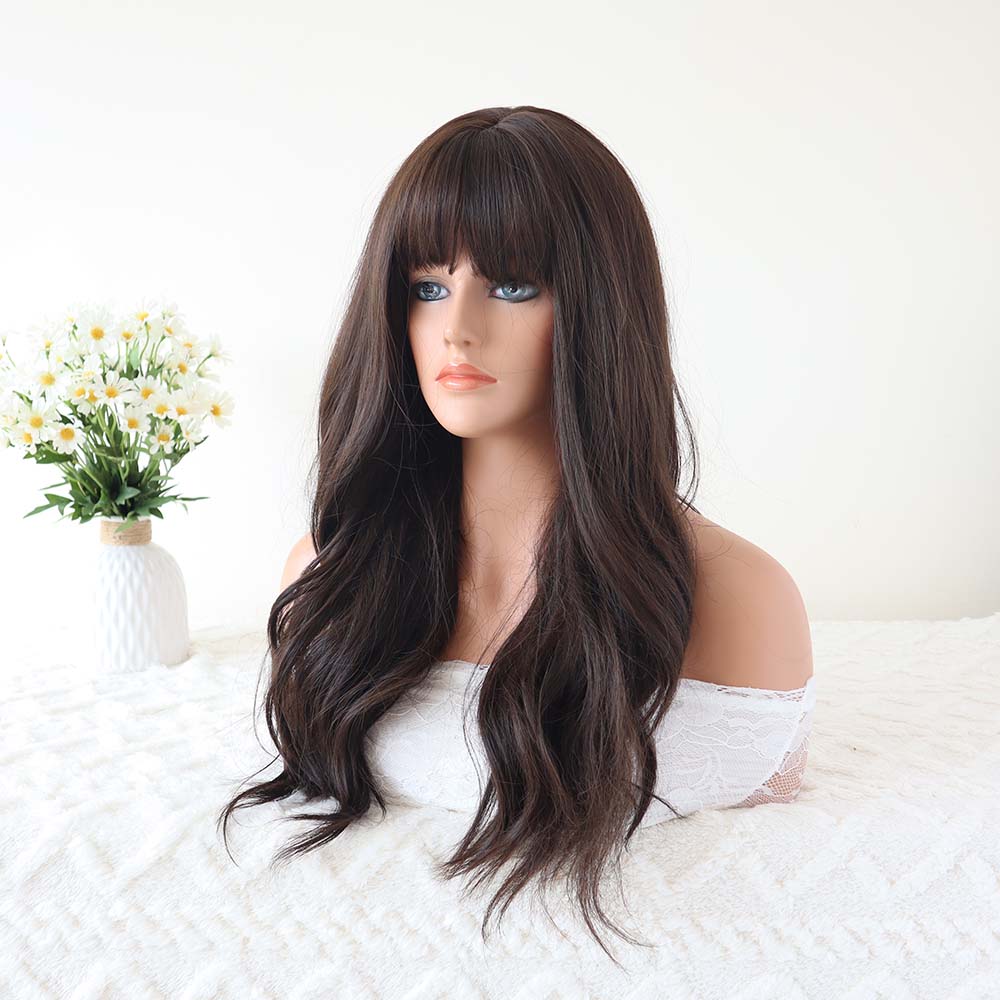 Dark Brown Long Wavy Wig with Bangs