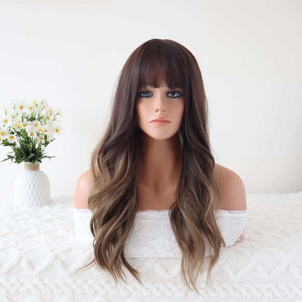 AVA_ Brown Long Wavy Wig with Bangs