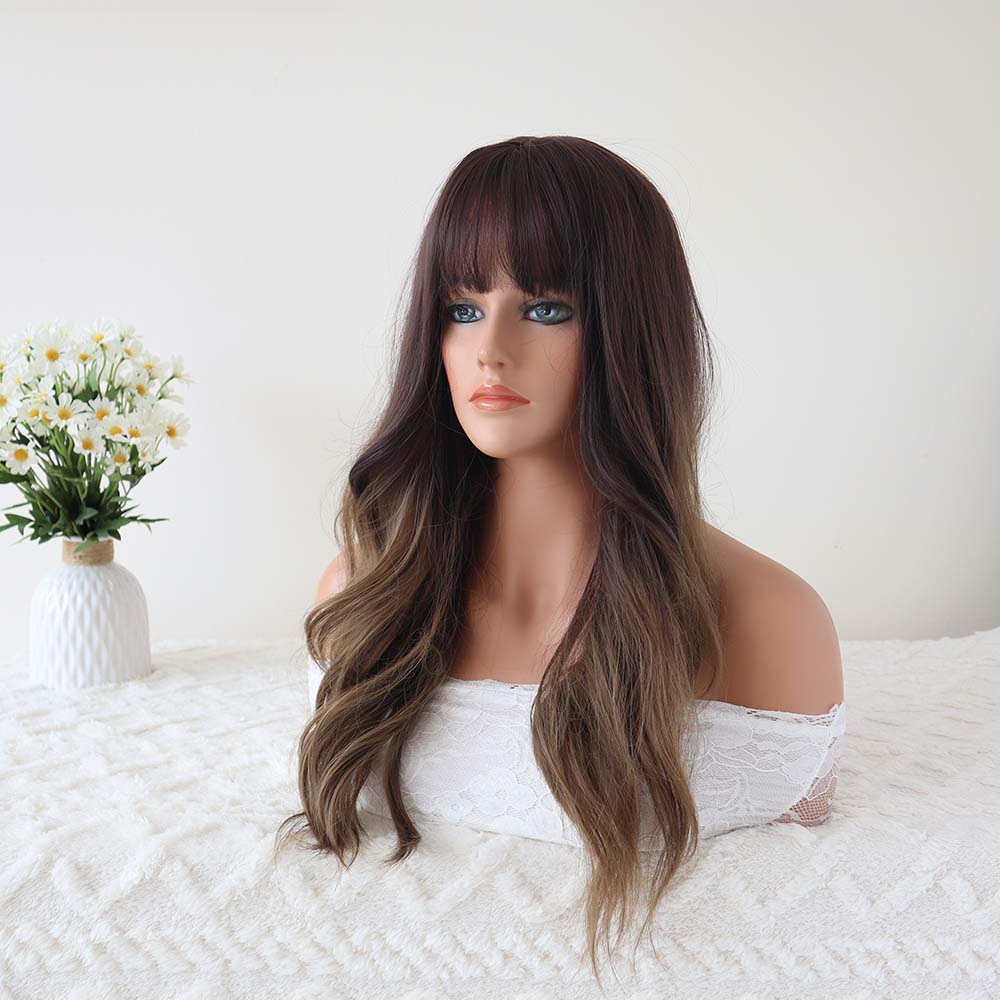 AVA_ Brown Long Wavy Wig with Bangs