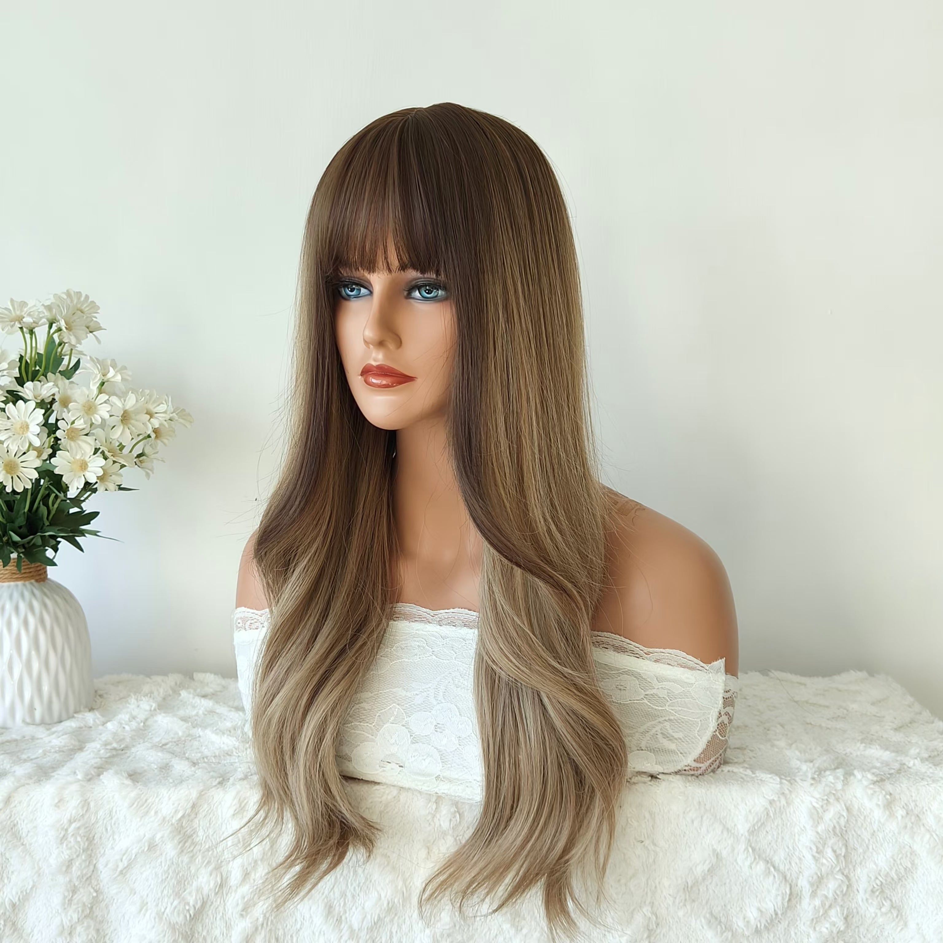 Luna Brown Long Wavy Wig with Bangs