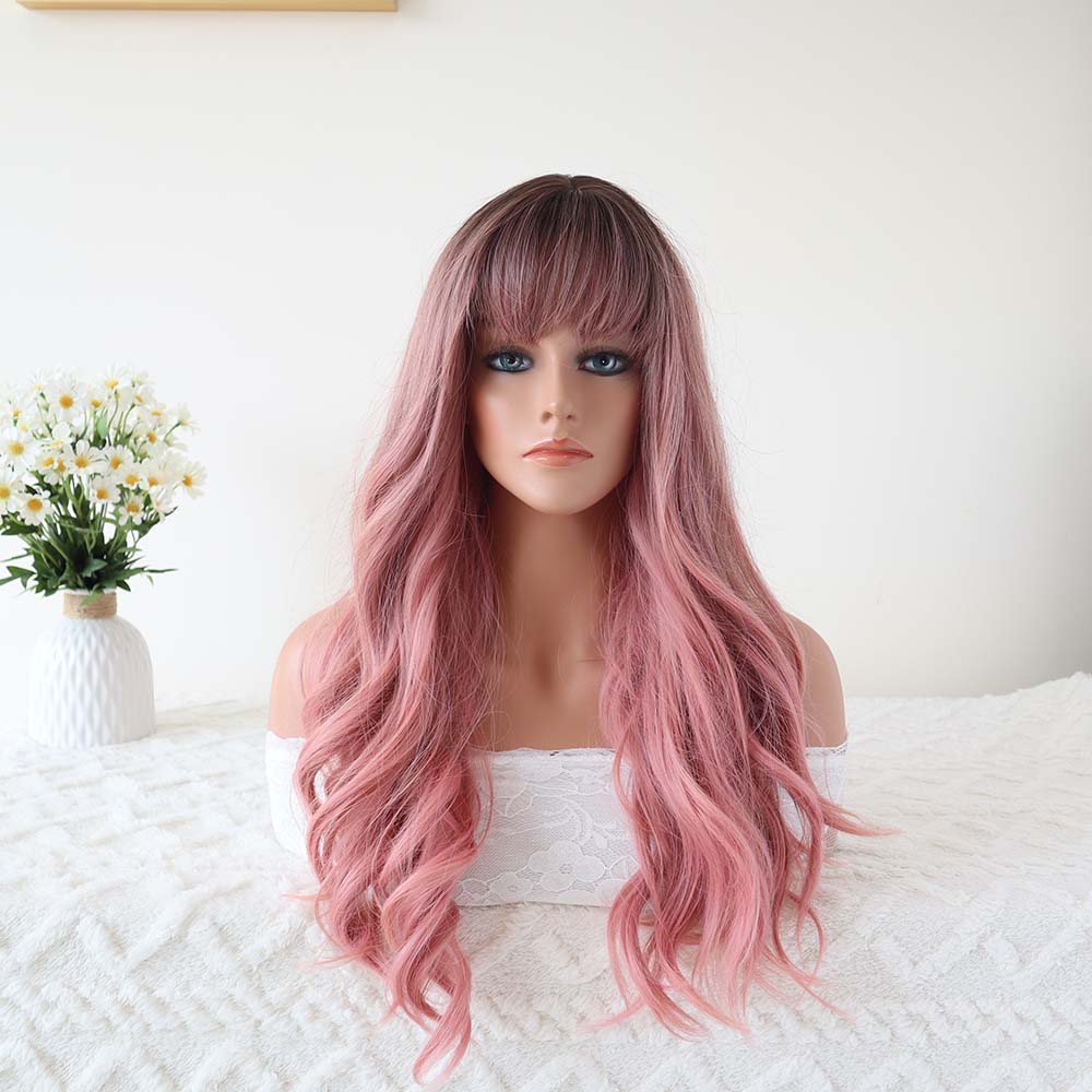 Mia Pink Long Wavy Wig with Bangs