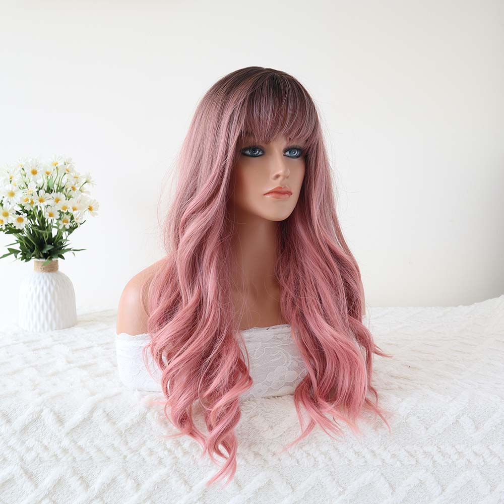 Mia Pink Long Wavy Wig with Bangs