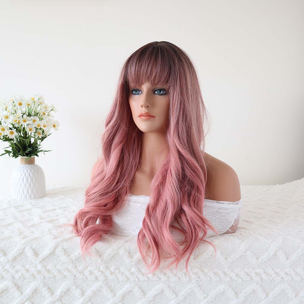 Mia Pink Long Wavy Wig with Bangs