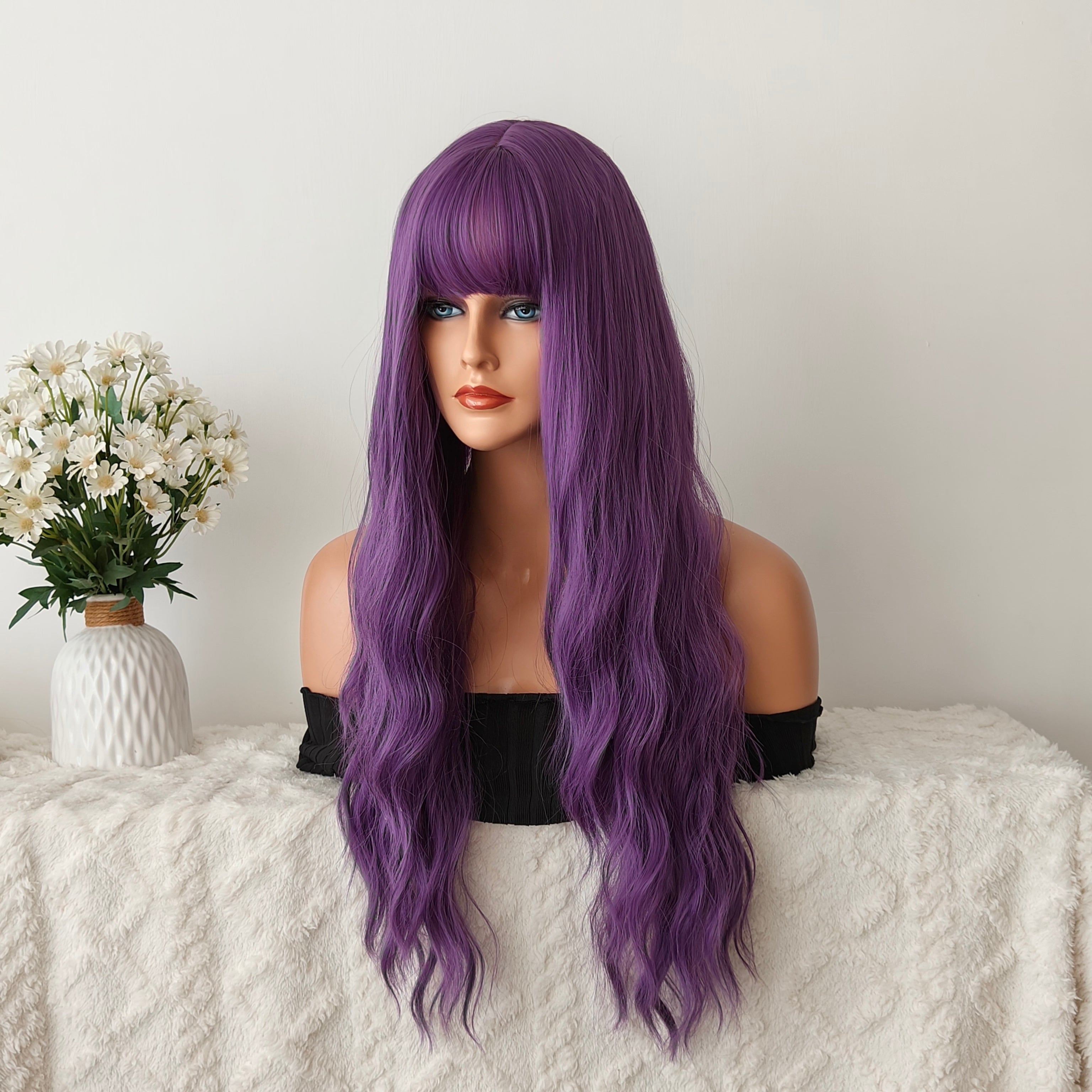 Victoria Purple Long Wavy Wig with Bangs