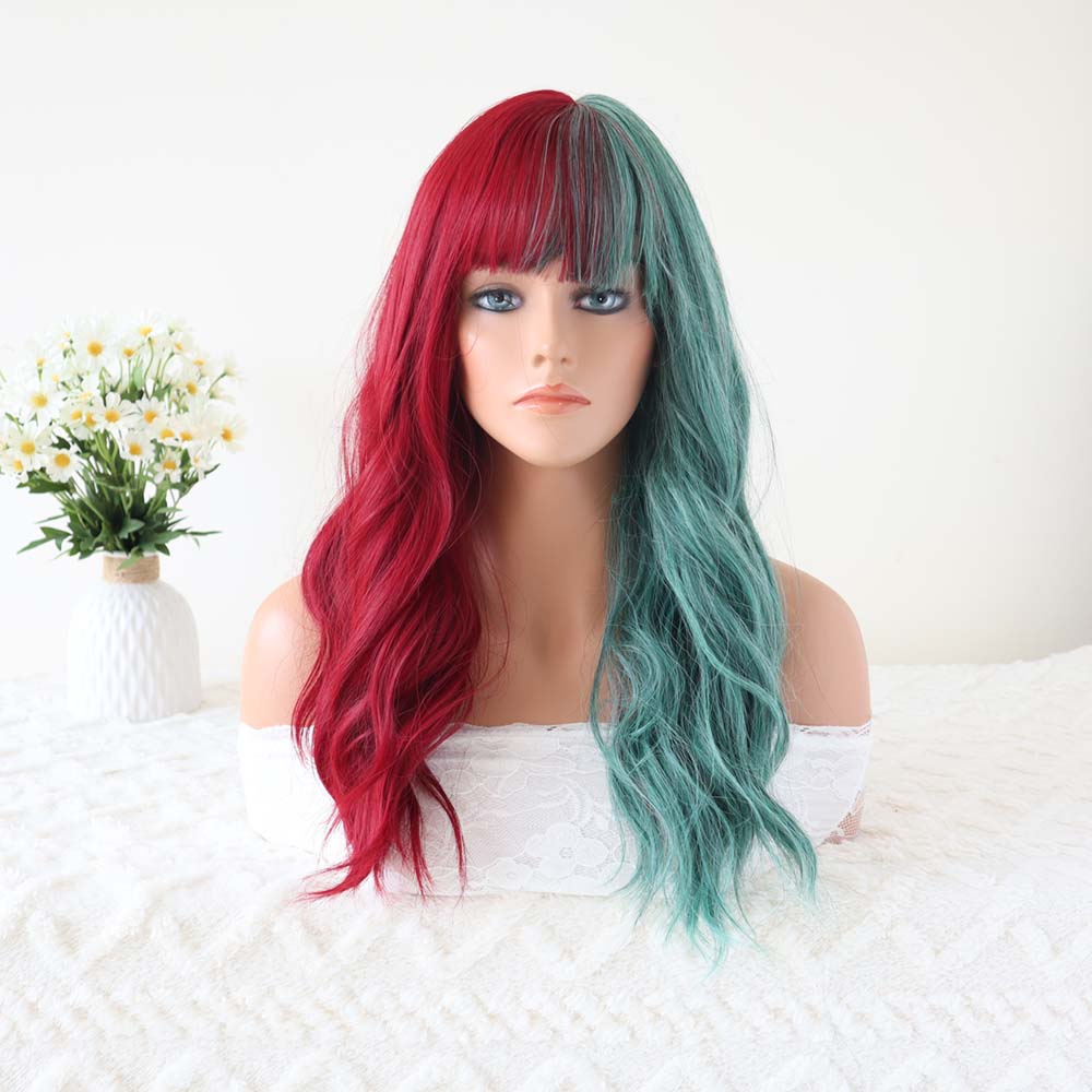 Red mixed Green Wavy Long Wig with Bangs