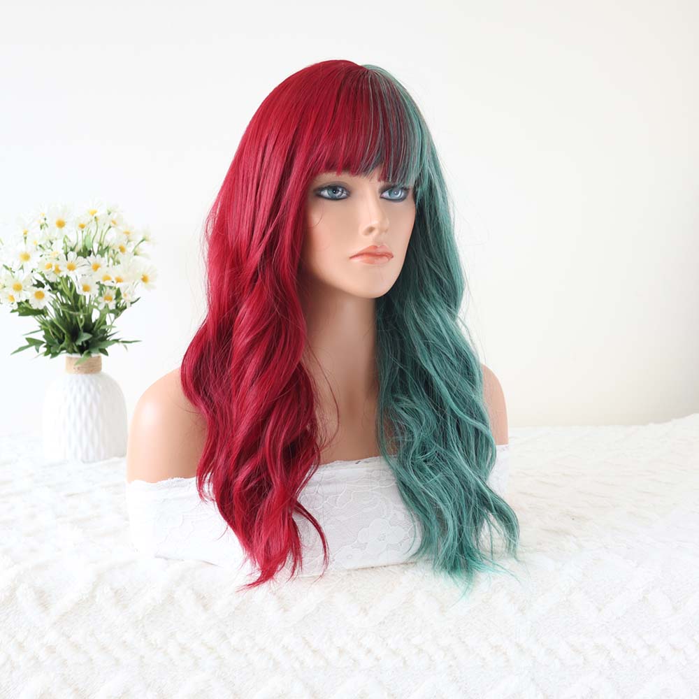 Red mixed Green Wavy Long Wig with Bangs