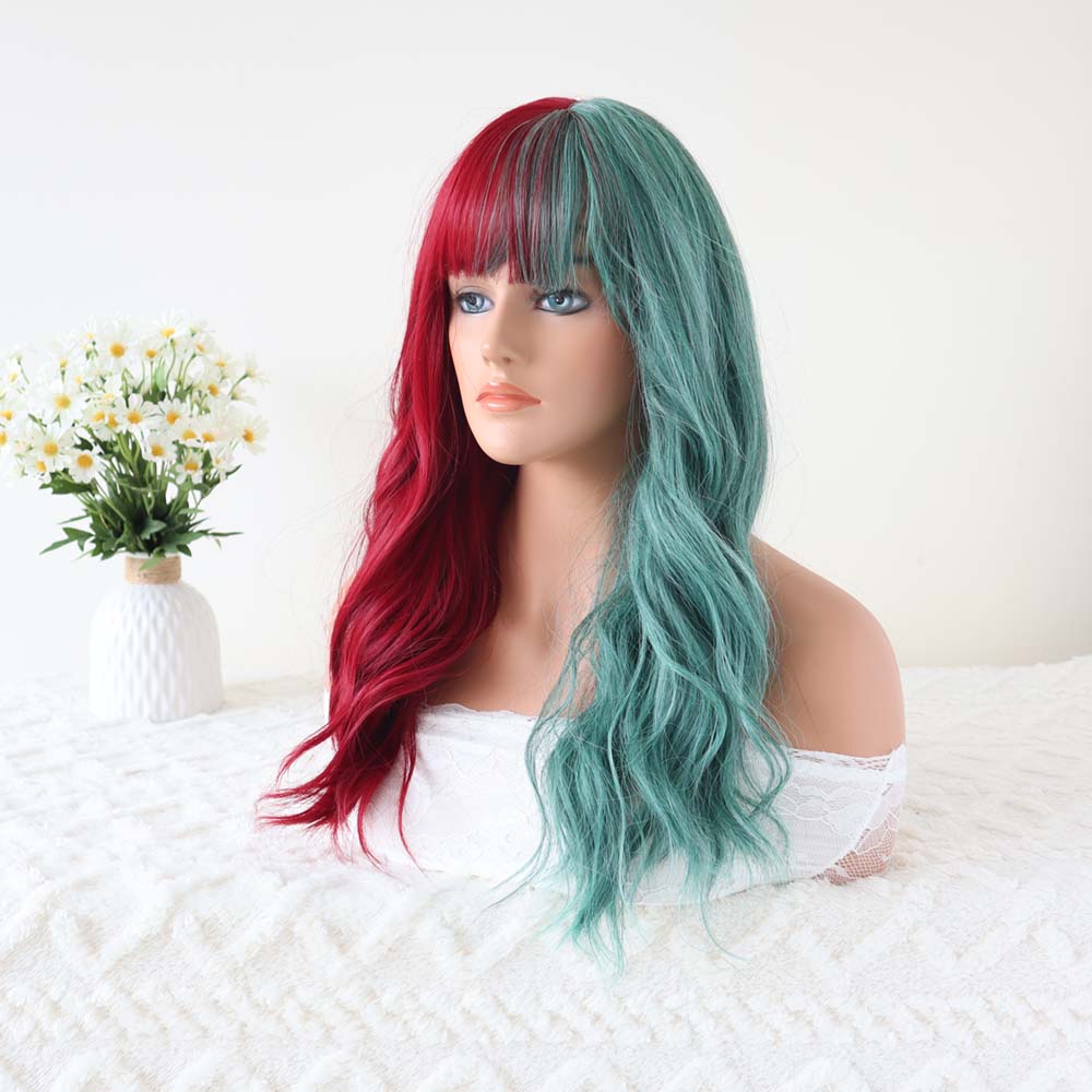 Red mixed Green Wavy Long Wig with Bangs