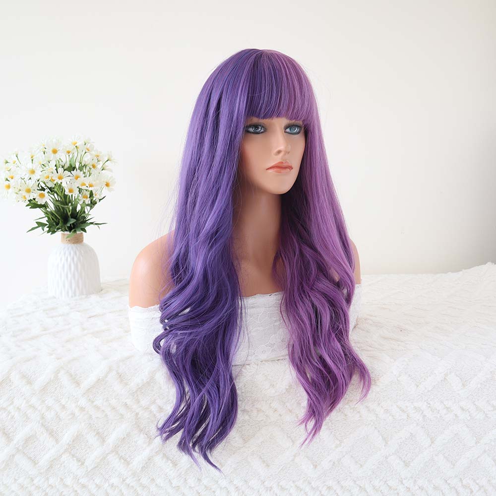 Purple Long Wave Wig with Bangs