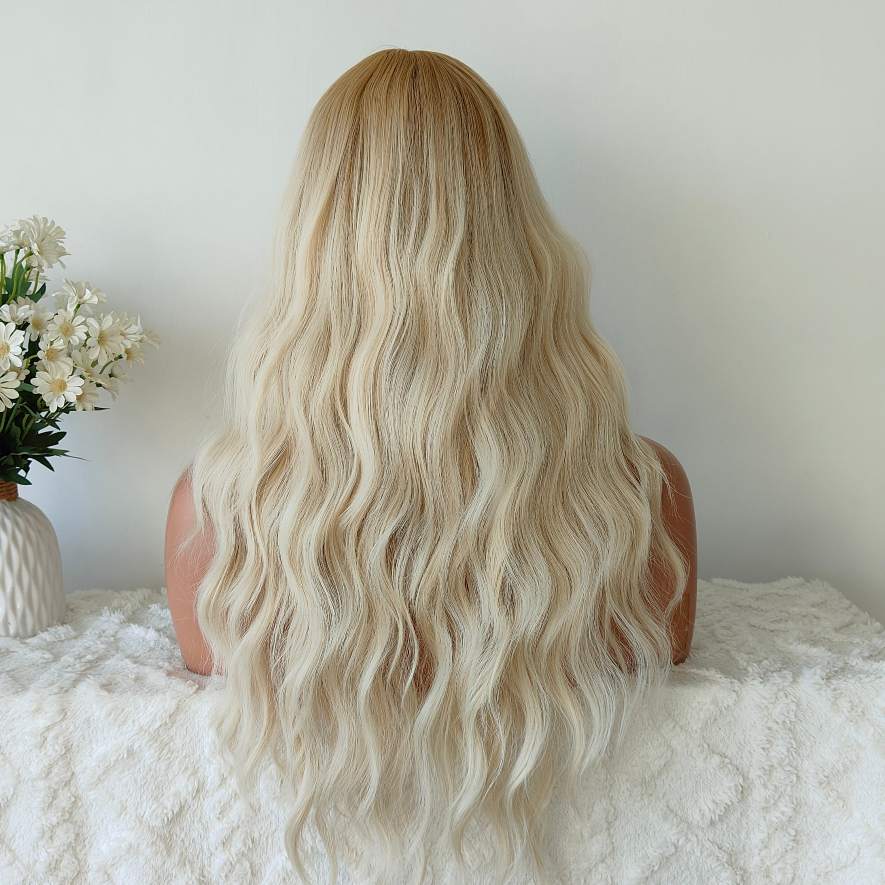 Layla White blonde long wave wig with bangs