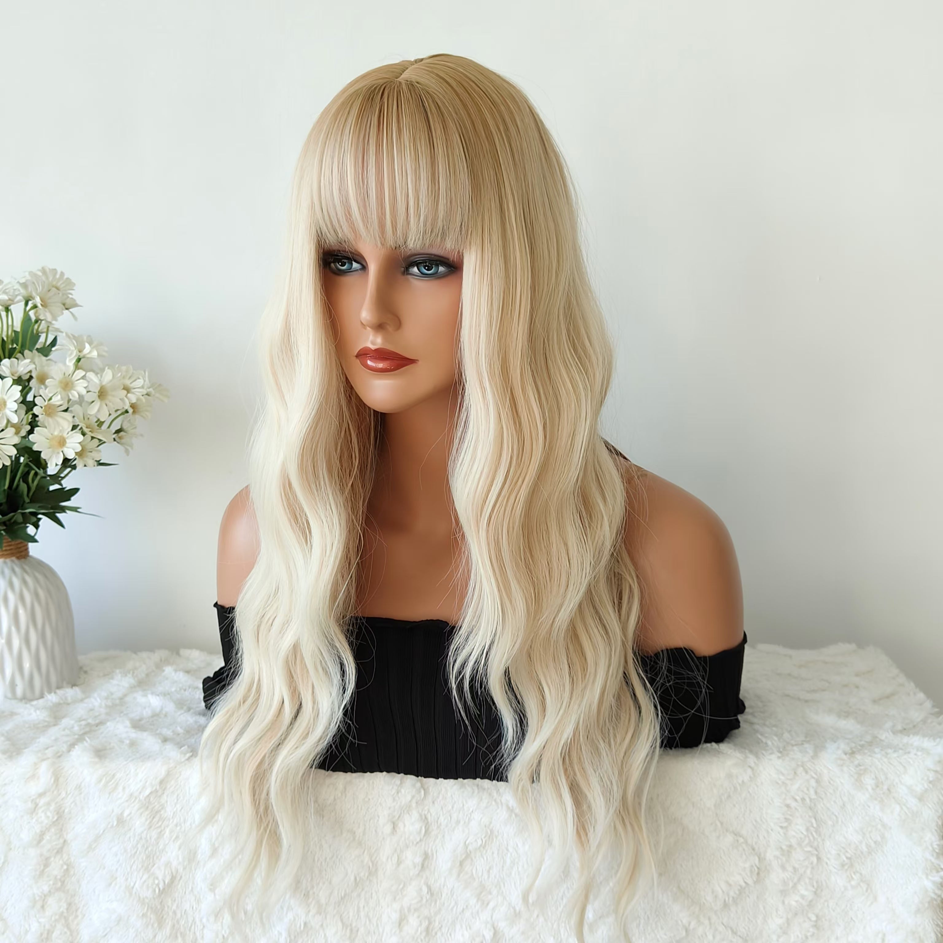 Layla White blonde long wave wig with bangs