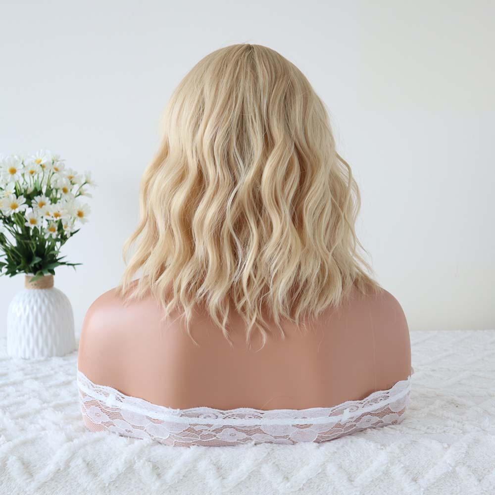 Blonde Short Wavy Bob Wig with Bangs