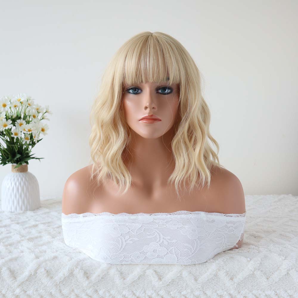 Blonde Short Wavy Bob Wig with Bangs