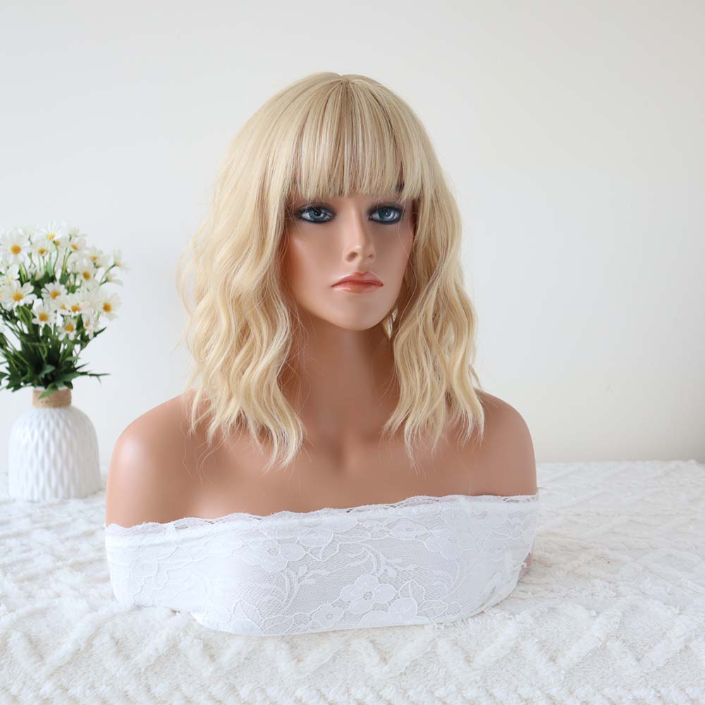 Blonde Short Wavy Bob Wig with Bangs