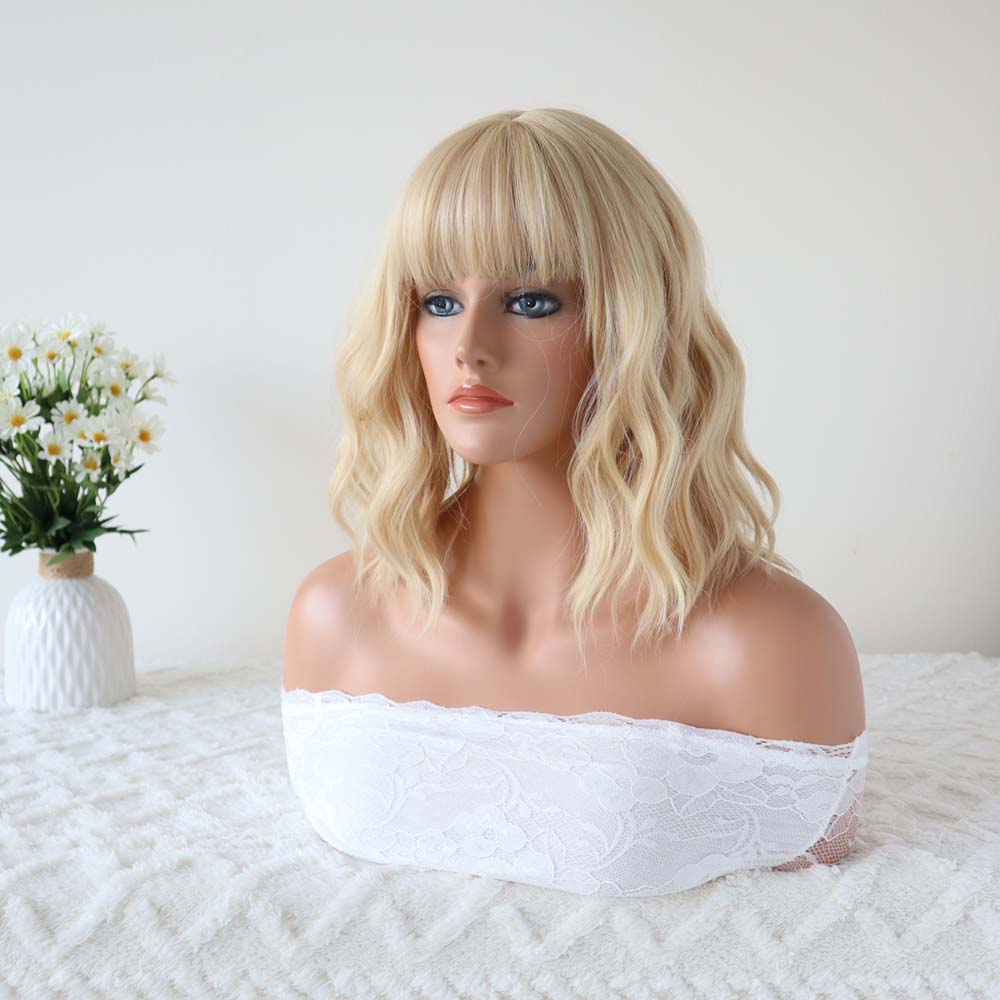 Blonde Short Wavy Bob Wig with Bangs