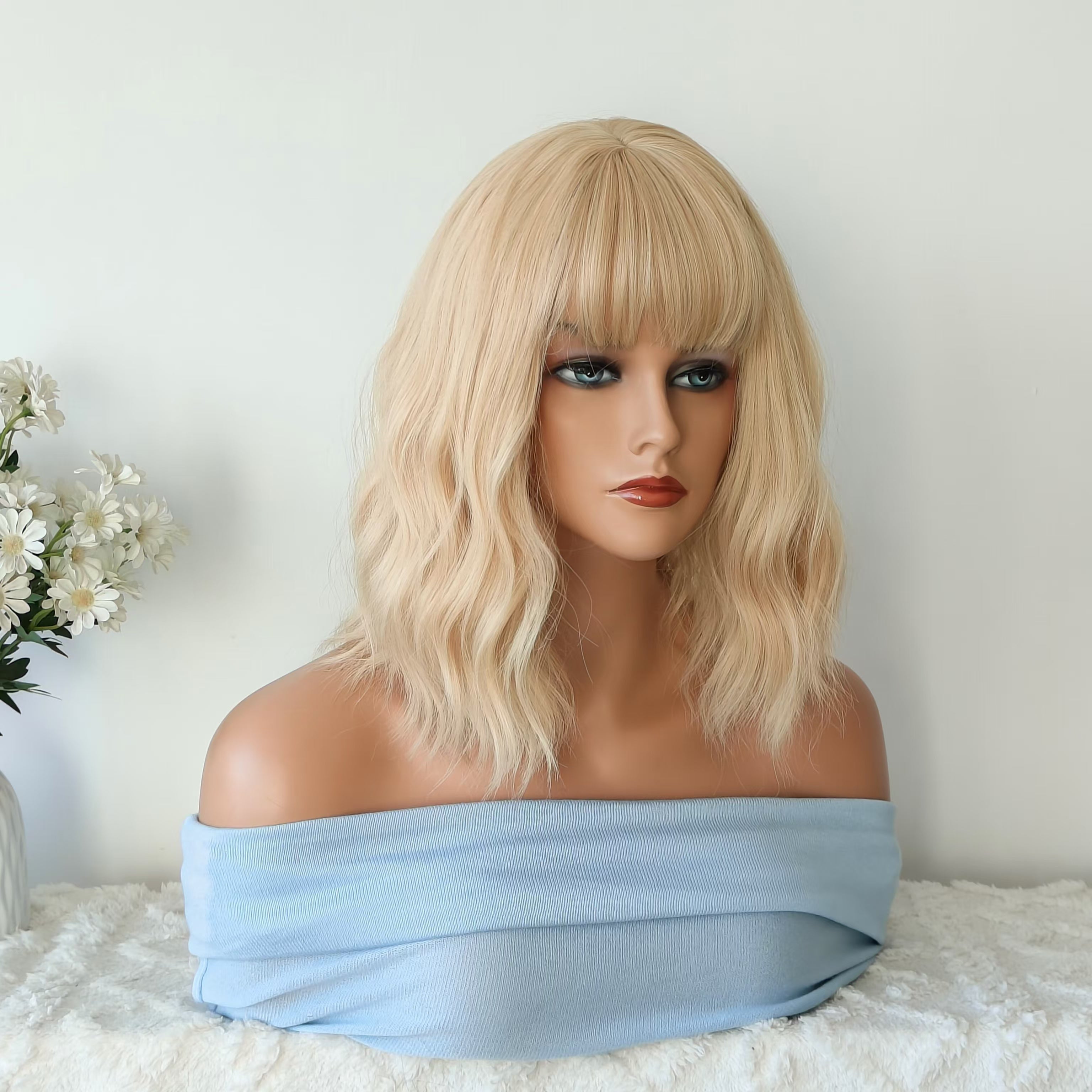 Emilia Blonde Short Wavy Bob Wig with Bangs