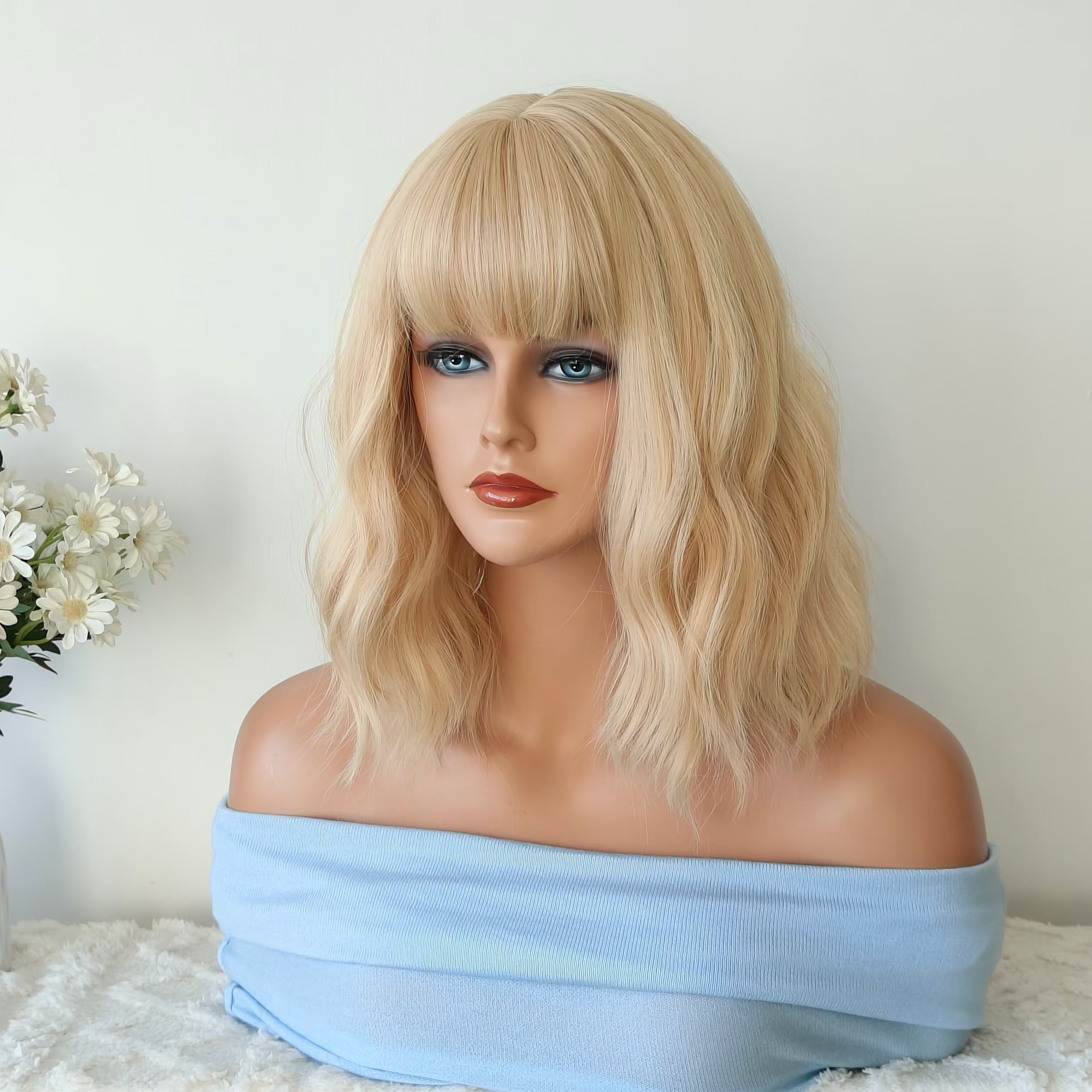 Emilia Blonde Short Wavy Bob Wig with Bangs