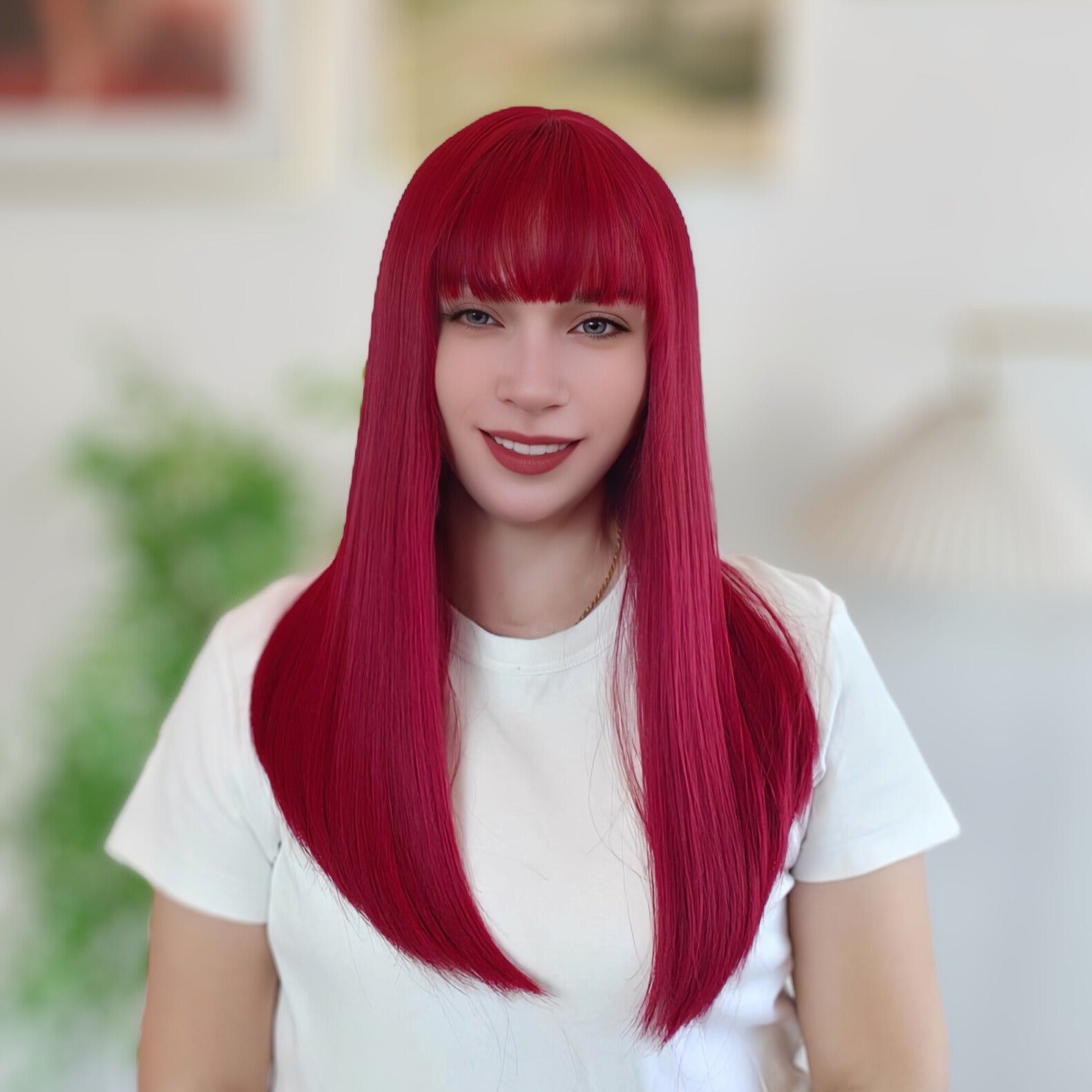 Red Straight Wig with Bangs