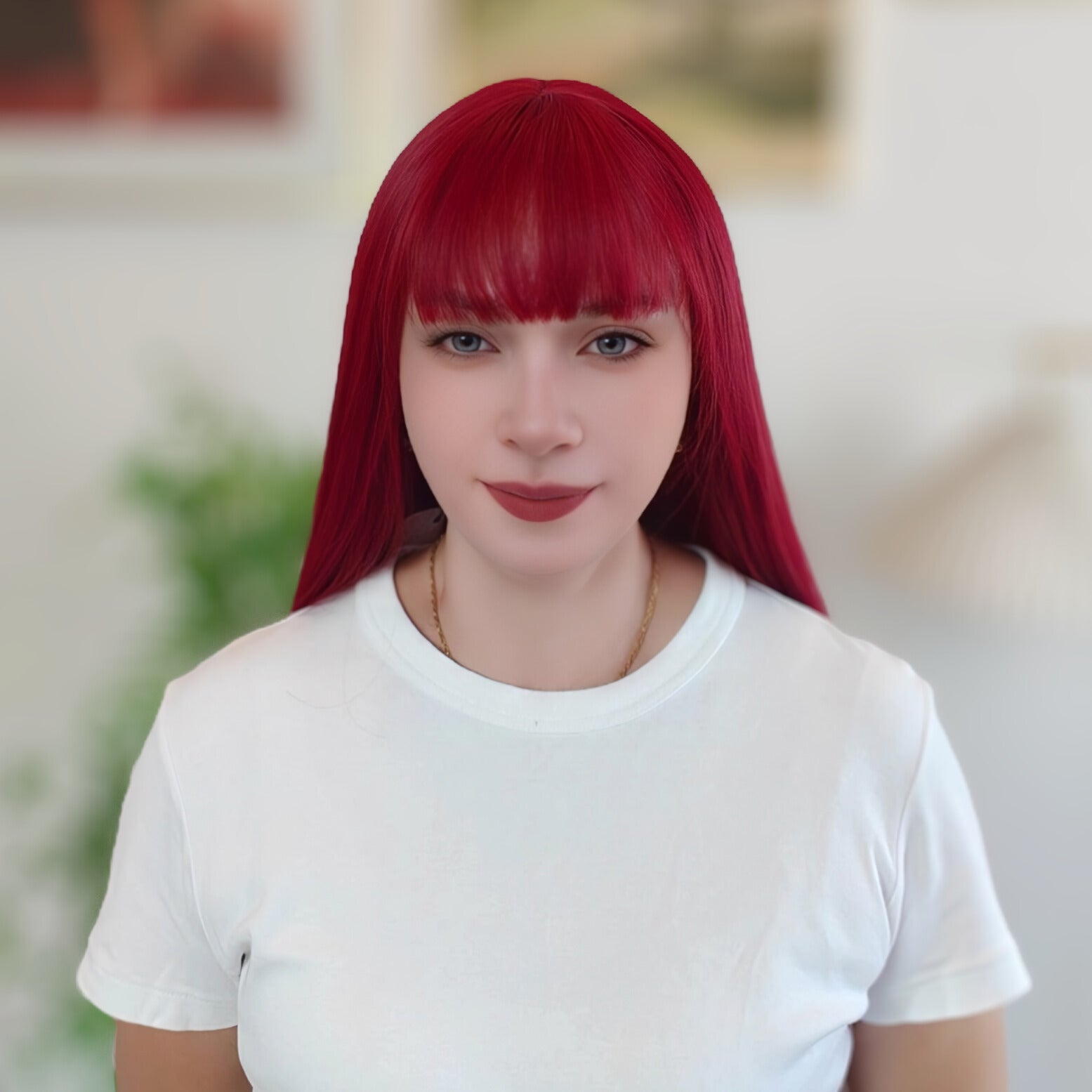 Red Straight Wig with Bangs