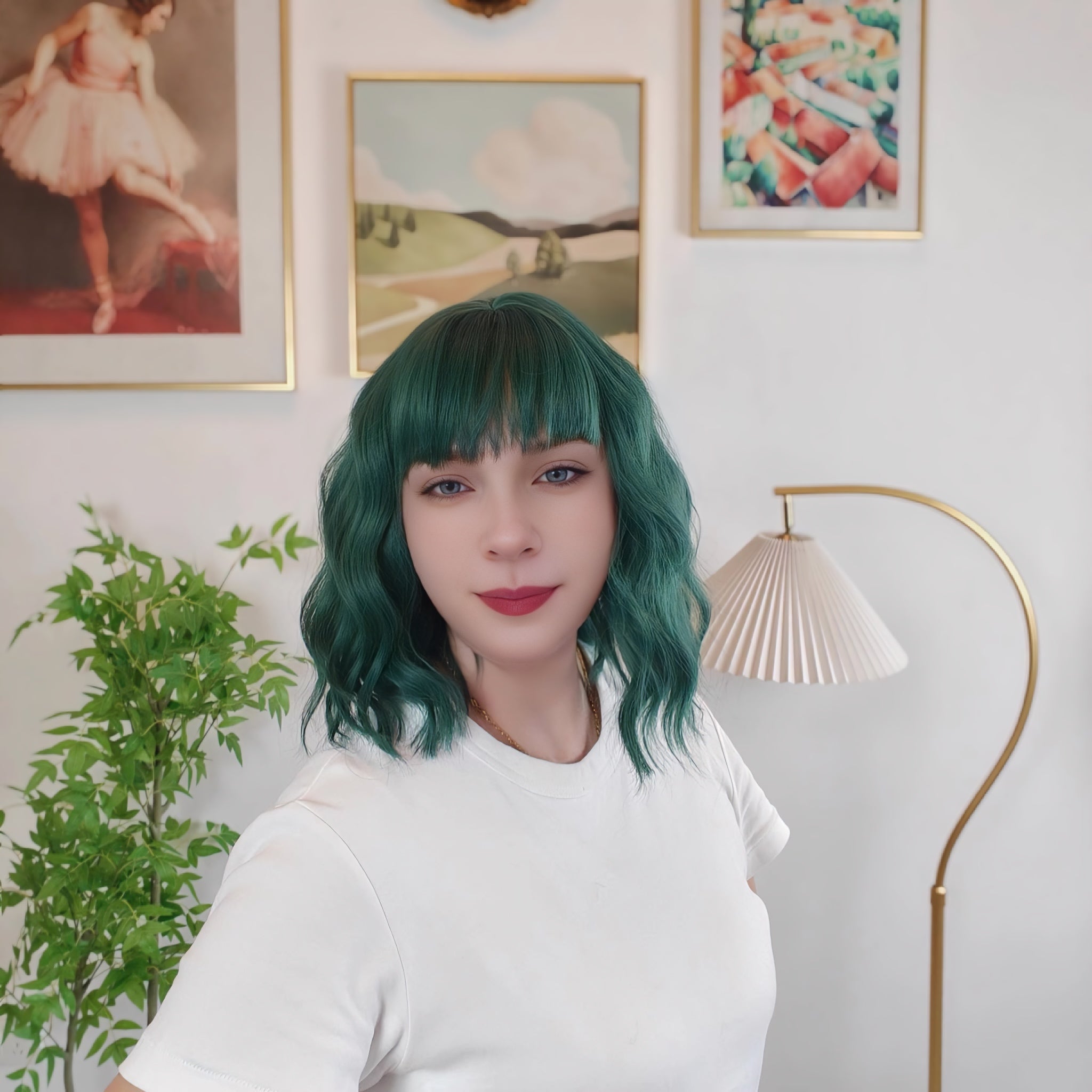 Green Short Wavy Wig with bangs