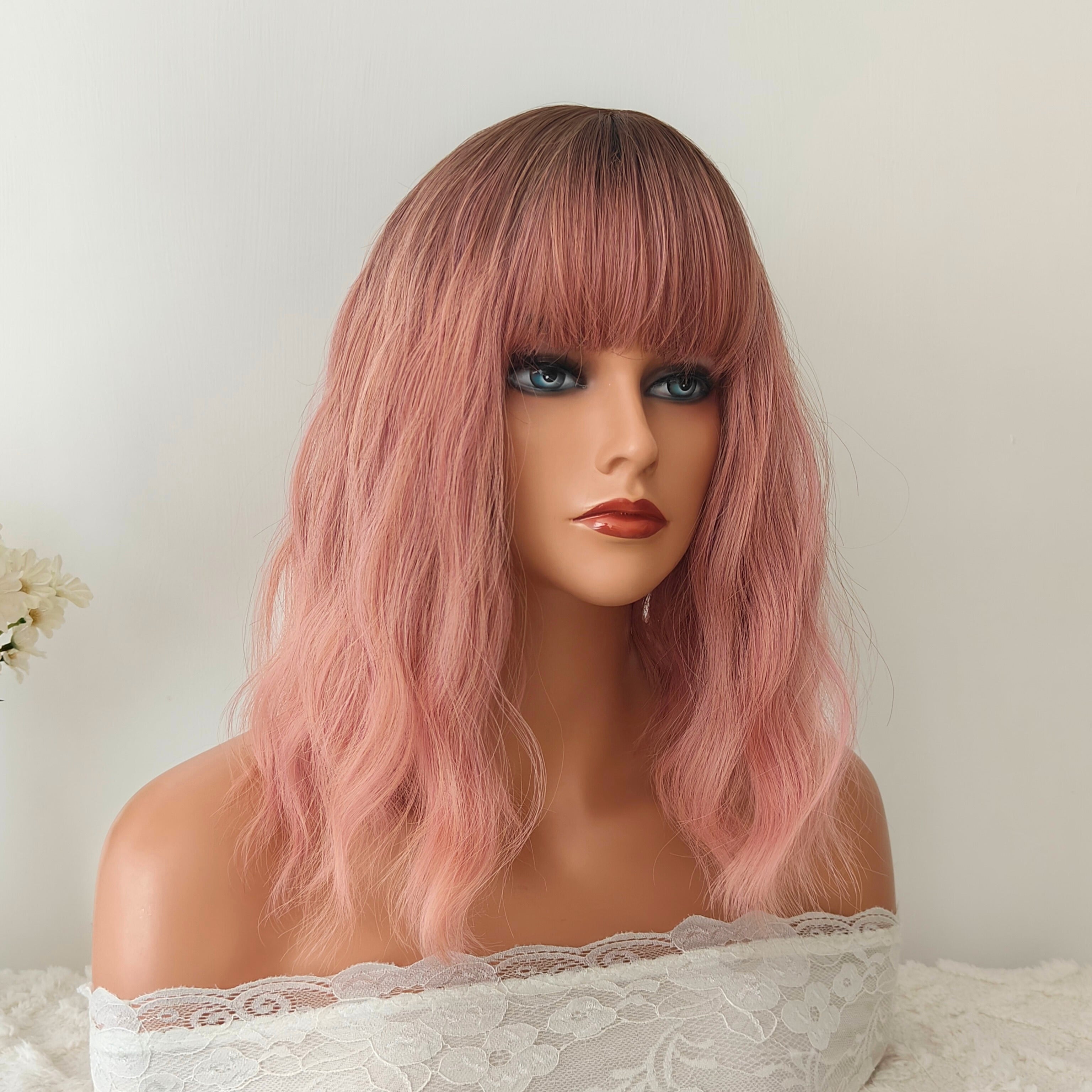 Riley Pink Short Wavy Wig with Bangs