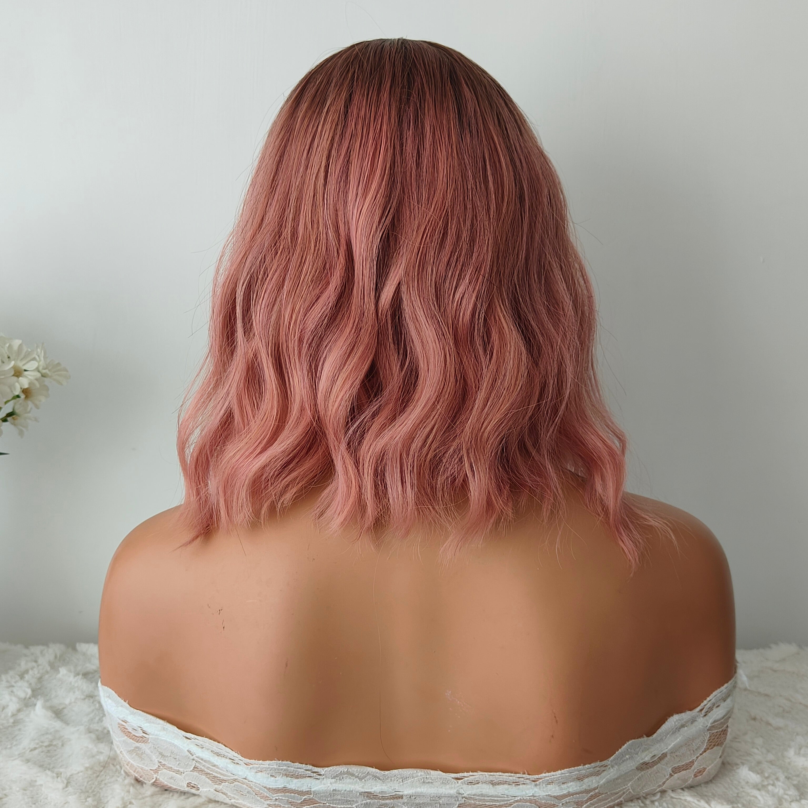 Riley Pink Short Wavy Wig with Bangs