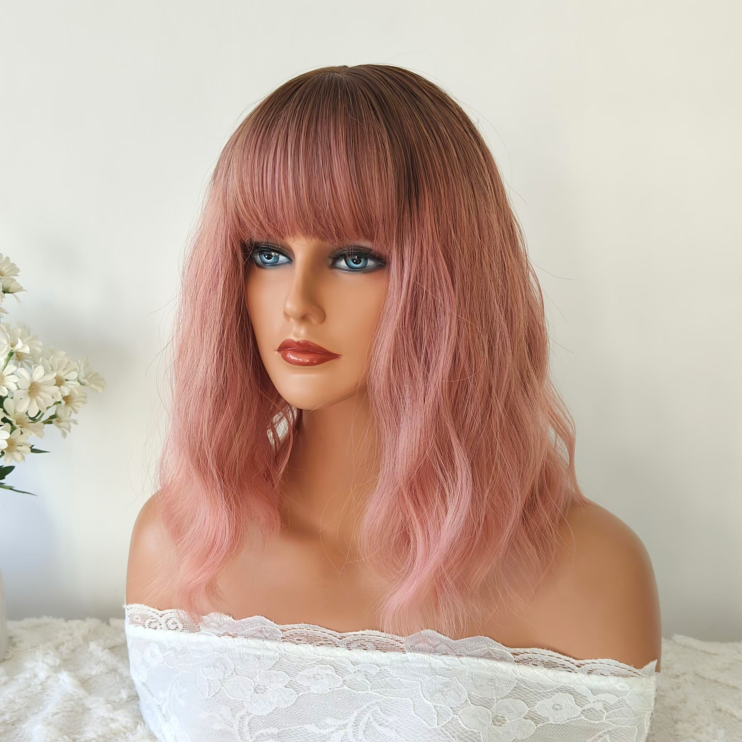 Riley Pink Short Wavy Wig with Bangs