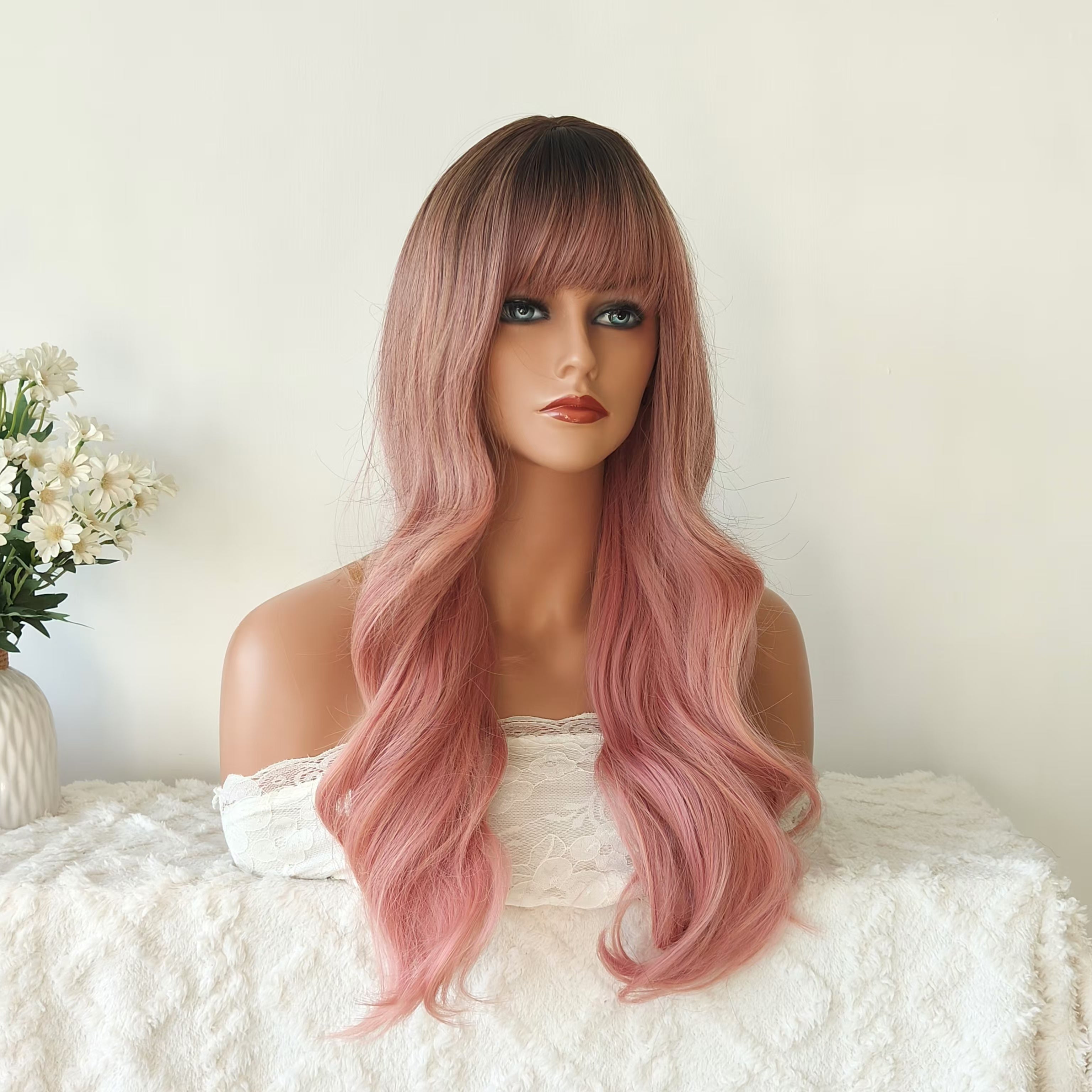 Charlotte Pink Long Wavy Wig with Bangs