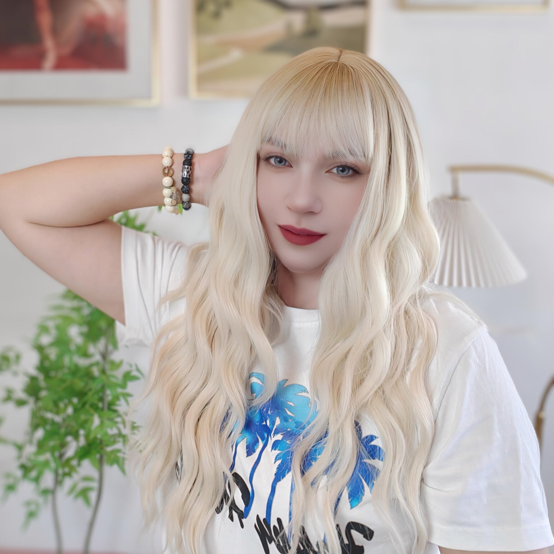 White blonde long wave wig with bangs